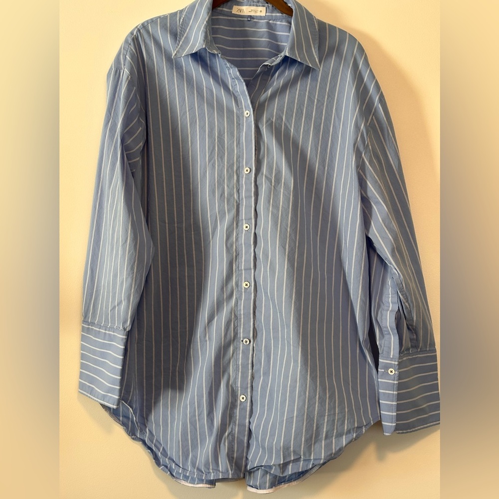 Zara Oversized Striped Button Down - Blue and White - Large